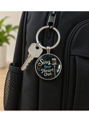 Sing Your Heart Out Music Keychain 2 inch Microphone Glass Cabochon New